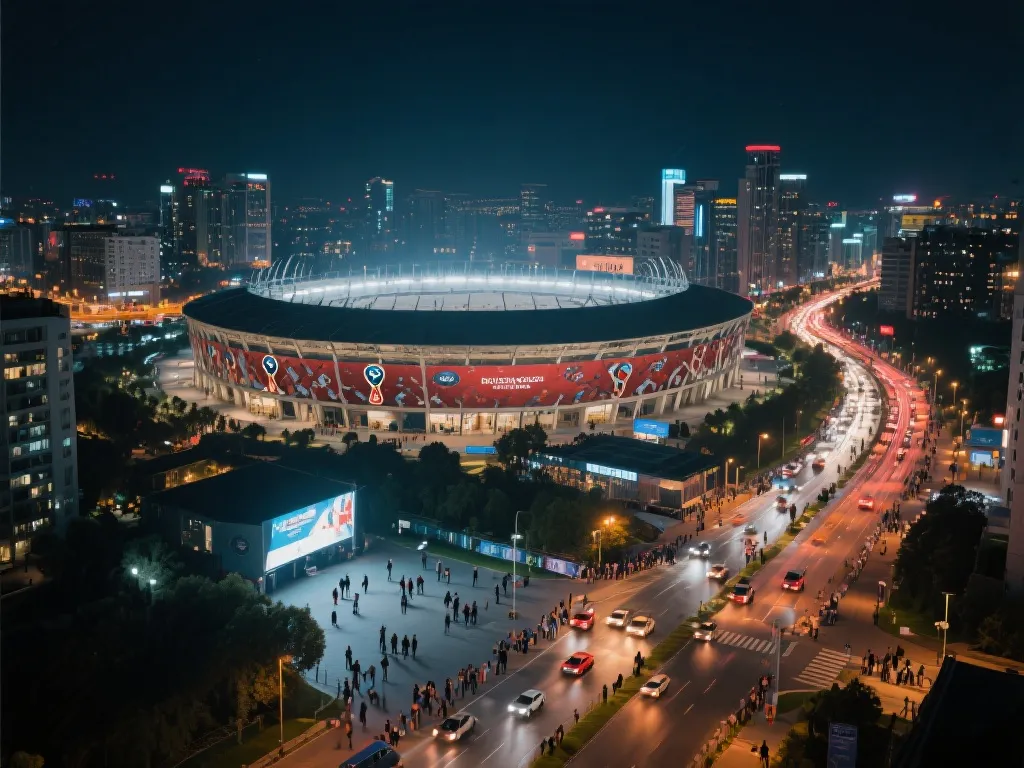 球迷在球场周边查看行程与交通时间的城市夜景